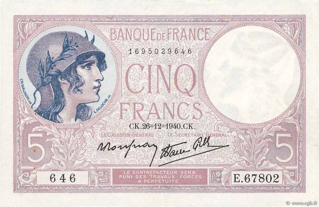 5 Francs FEMME CASQUÉE modifié FRANCE  1940 F.04.18 XF+