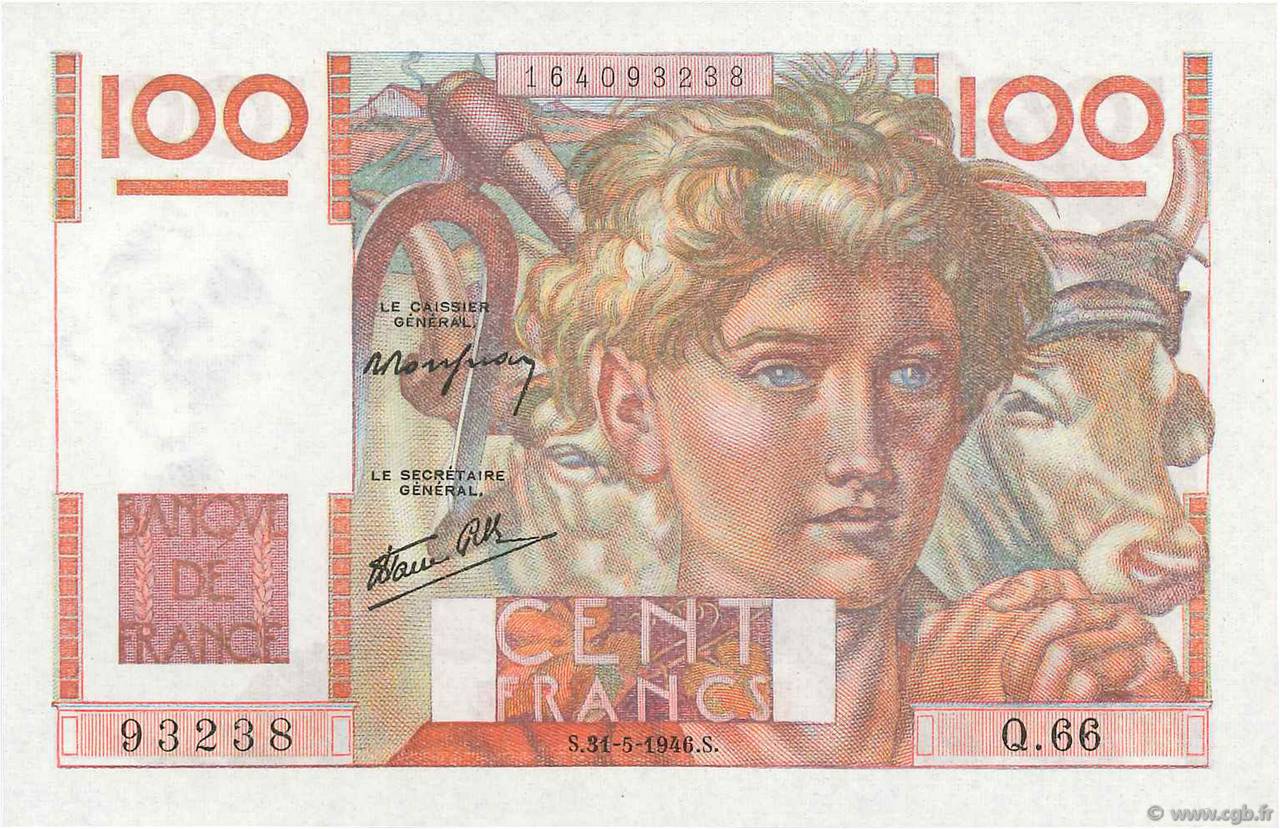 100 Francs JEUNE PAYSAN FRANCIA  1946 F.28.05 EBC