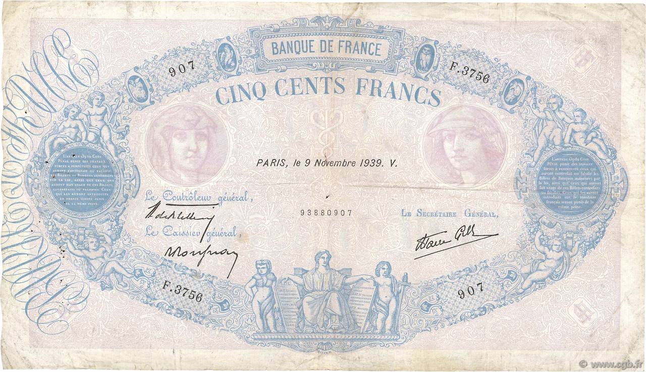 500 Francs BLEU ET ROSE modifié FRANCE  1939 F.31.47 TB