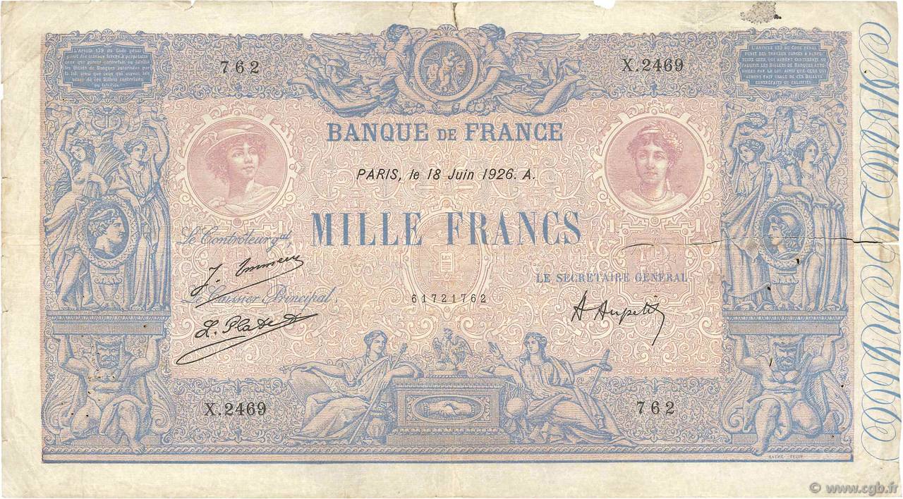 1000 Francs BLEU ET ROSE FRANKREICH  1926 F.36.42 fS