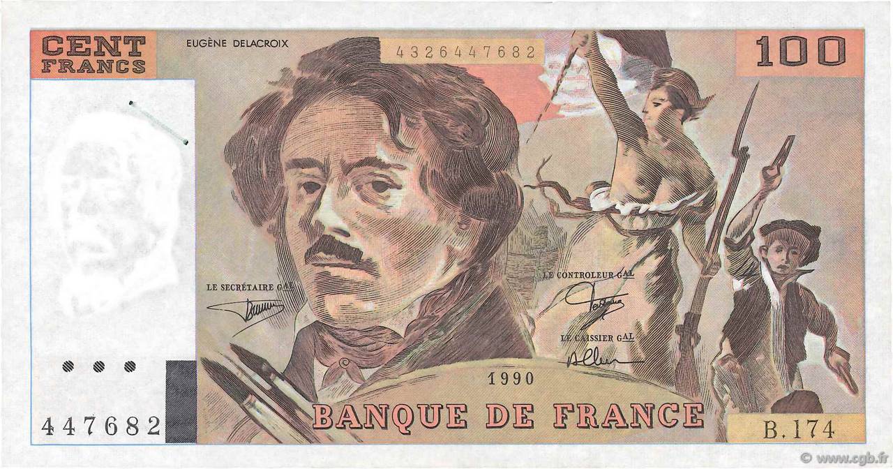 100 Francs DELACROIX imprimé en continu FRANKREICH  1990 F.69bis.02c fVZ