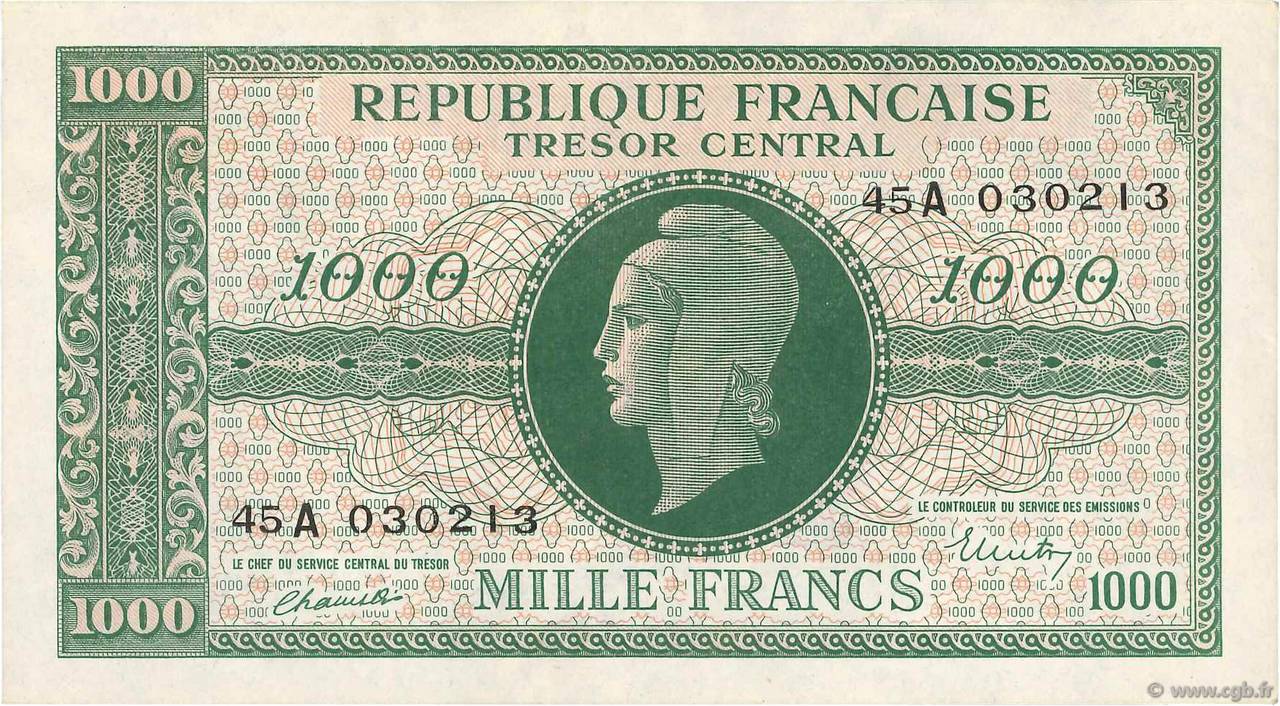 1000 Francs MARIANNE BANQUE D ANGLETERRE FRANCE  1945 VF.12.01 XF-