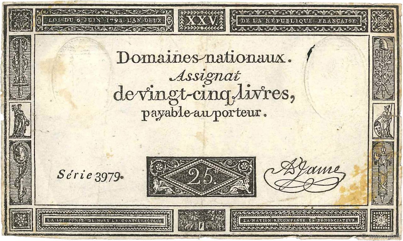25 Livres FRANCE  1793 Ass.43a F+