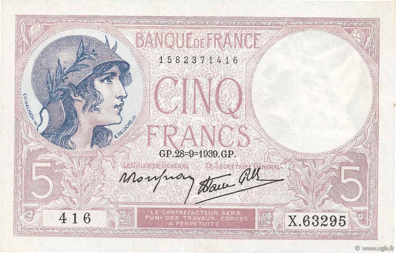 5 Francs FEMME CASQUÉE modifié FRANKREICH  1939 F.04.10 VZ+