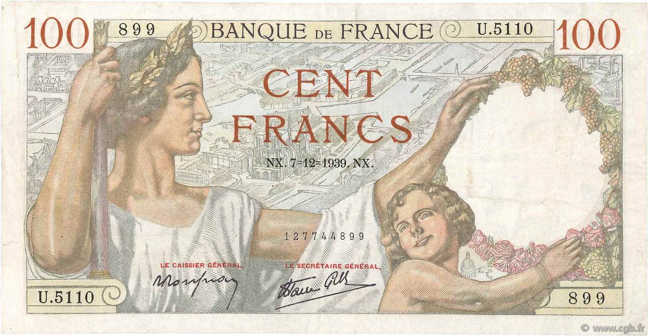 100 Francs SULLY FRANCE  1939 F.26.17 VF