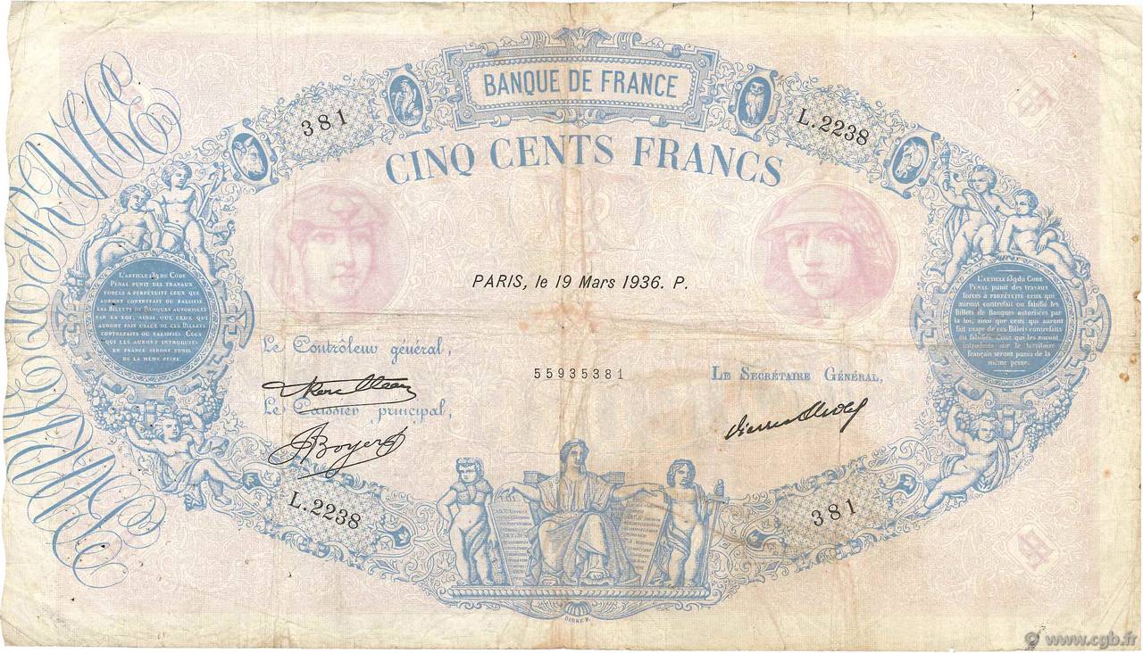 500 Francs BLEU ET ROSE FRANCE  1936 F.30.37 VG