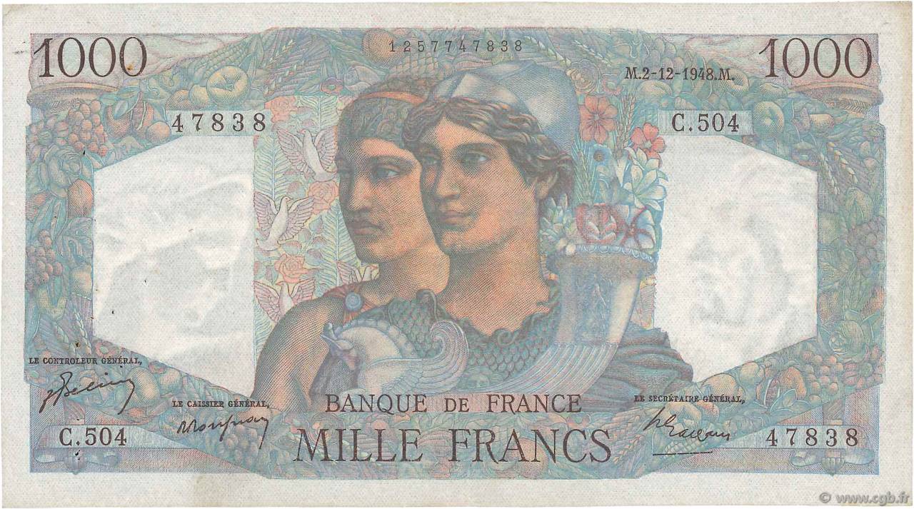 1000 Francs MINERVE ET HERCULE FRANCIA  1948 F.41.24 MBC