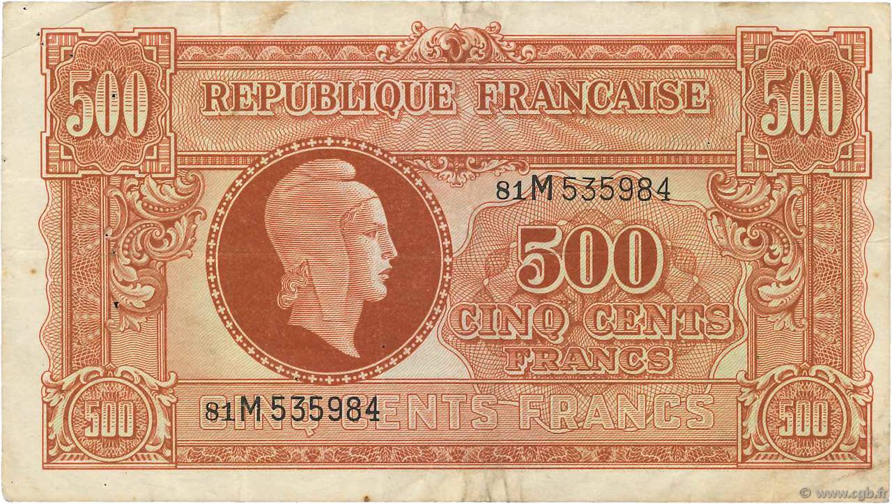 500 Francs MARIANNE fabrication anglaise FRANCIA  1945 VF.11.02 MB