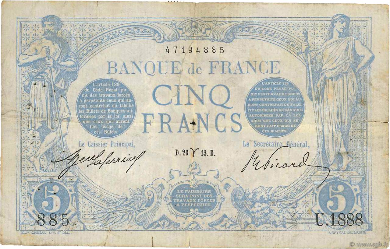 5 Francs BLEU FRANCIA  1913 F.02.15 q.MB
