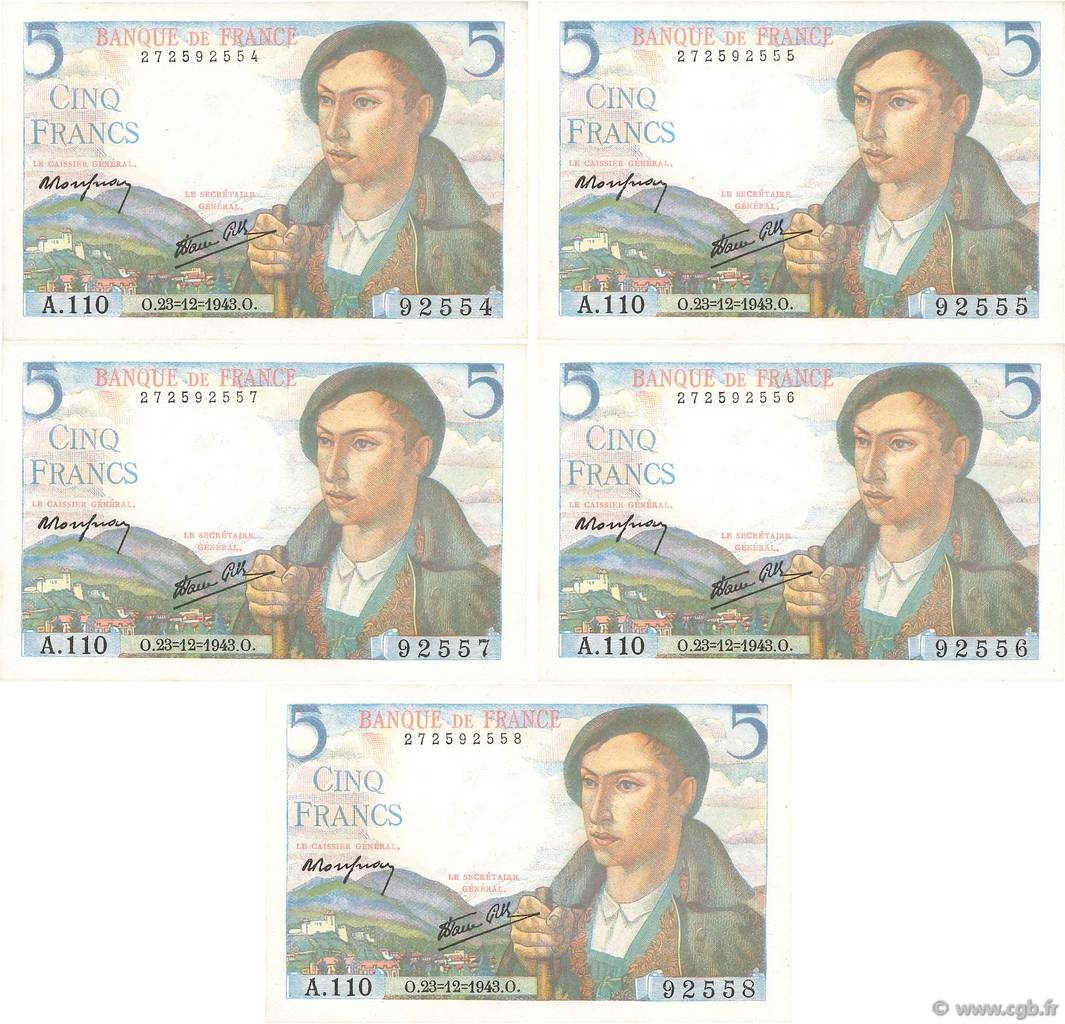 5 Francs BERGER Consécutifs FRANKREICH  1943 F.05.05 ST