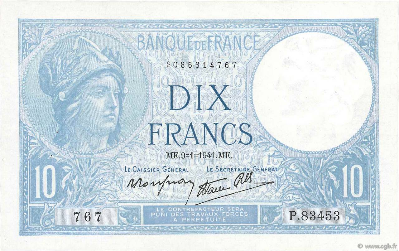 10 Francs MINERVE modifié FRANCIA  1941 F.07.27 SPL+