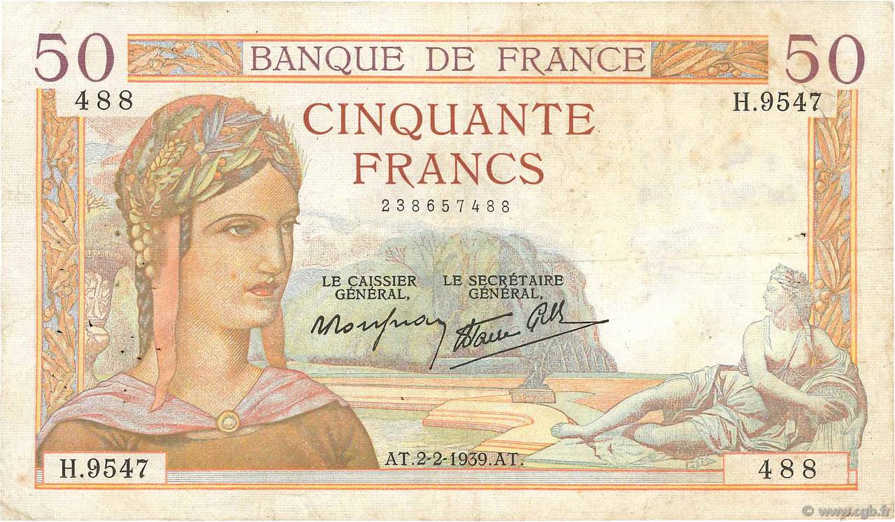 50 Francs CÉRÈS modifié FRANCIA  1939 F.18.21 MB
