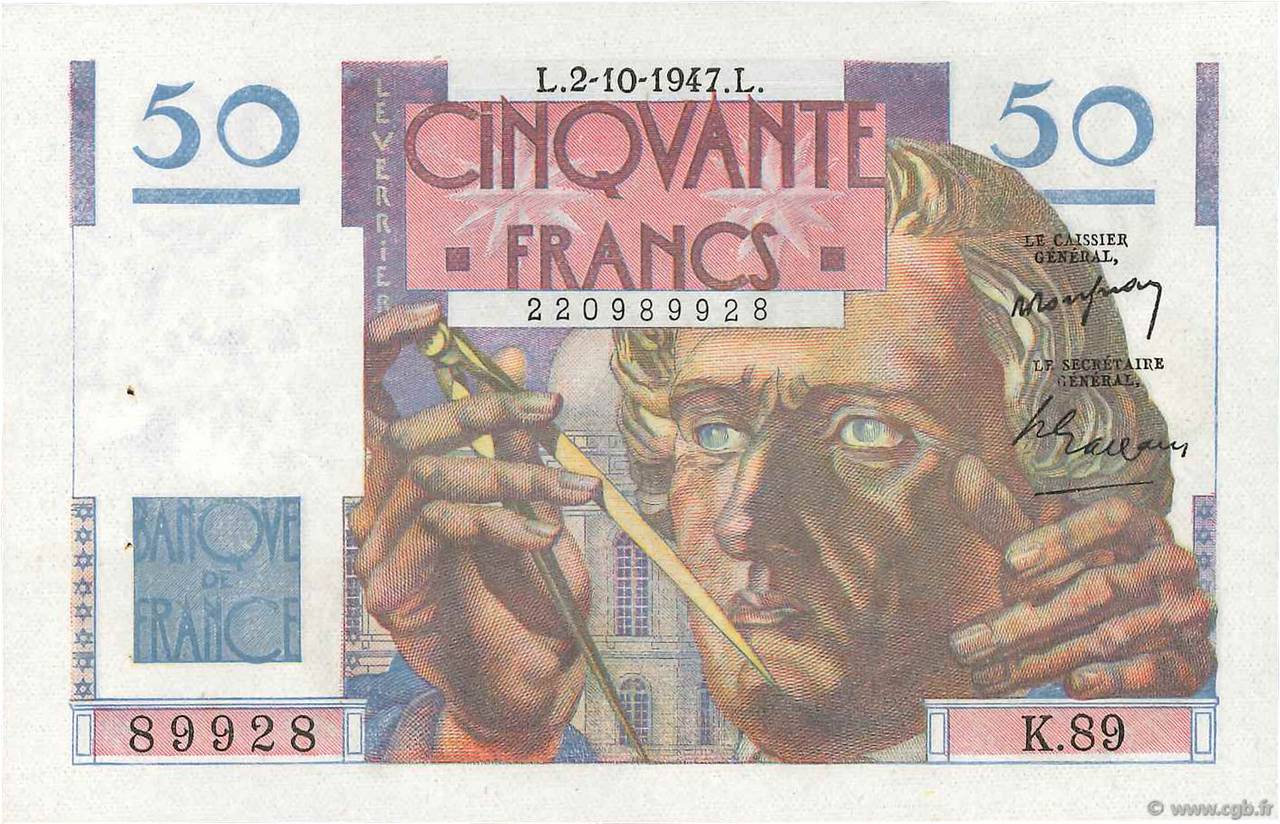 50 Francs LE VERRIER FRANKREICH  1947 F.20.09 fST