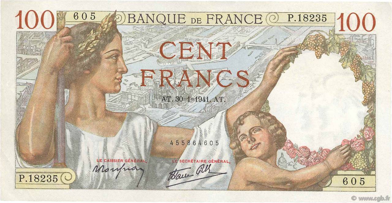 100 Francs SULLY FRANCE  1941 F.26.45 VF