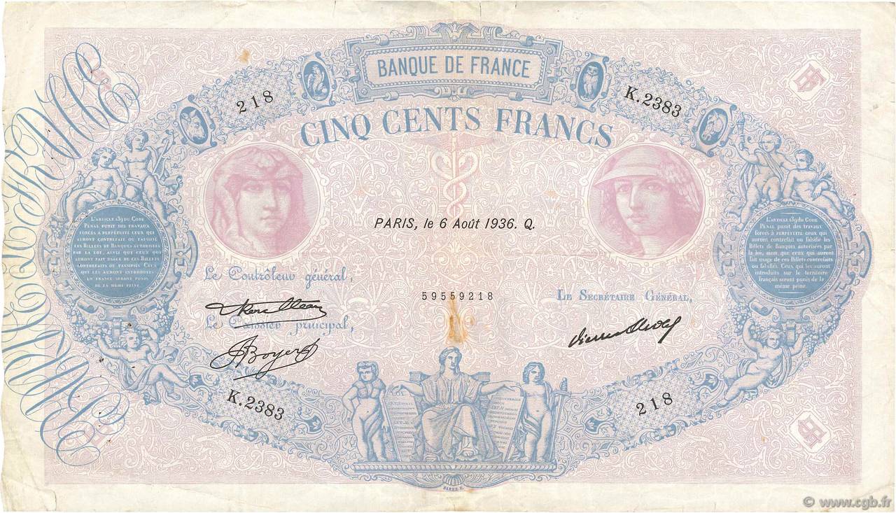 500 Francs BLEU ET ROSE FRANKREICH  1936 F.30.37 S