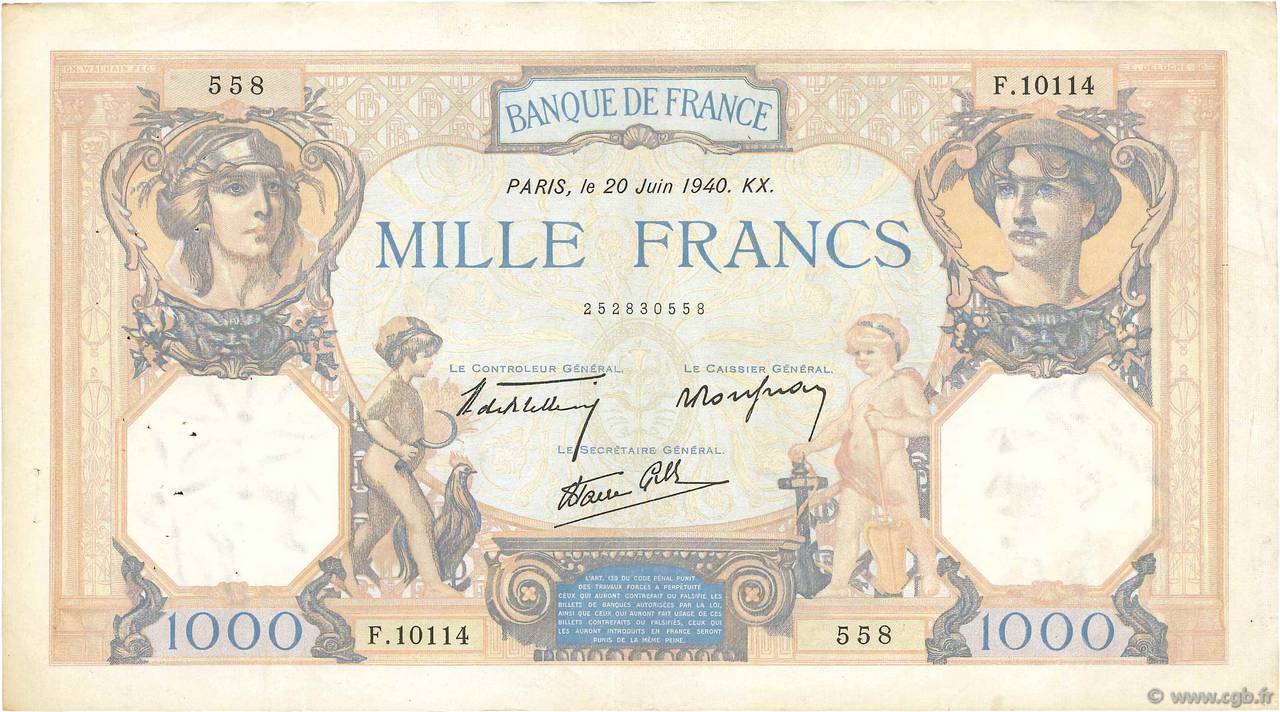 1000 Francs CÉRÈS ET MERCURE type modifié FRANKREICH  1940 F.38.49 SS