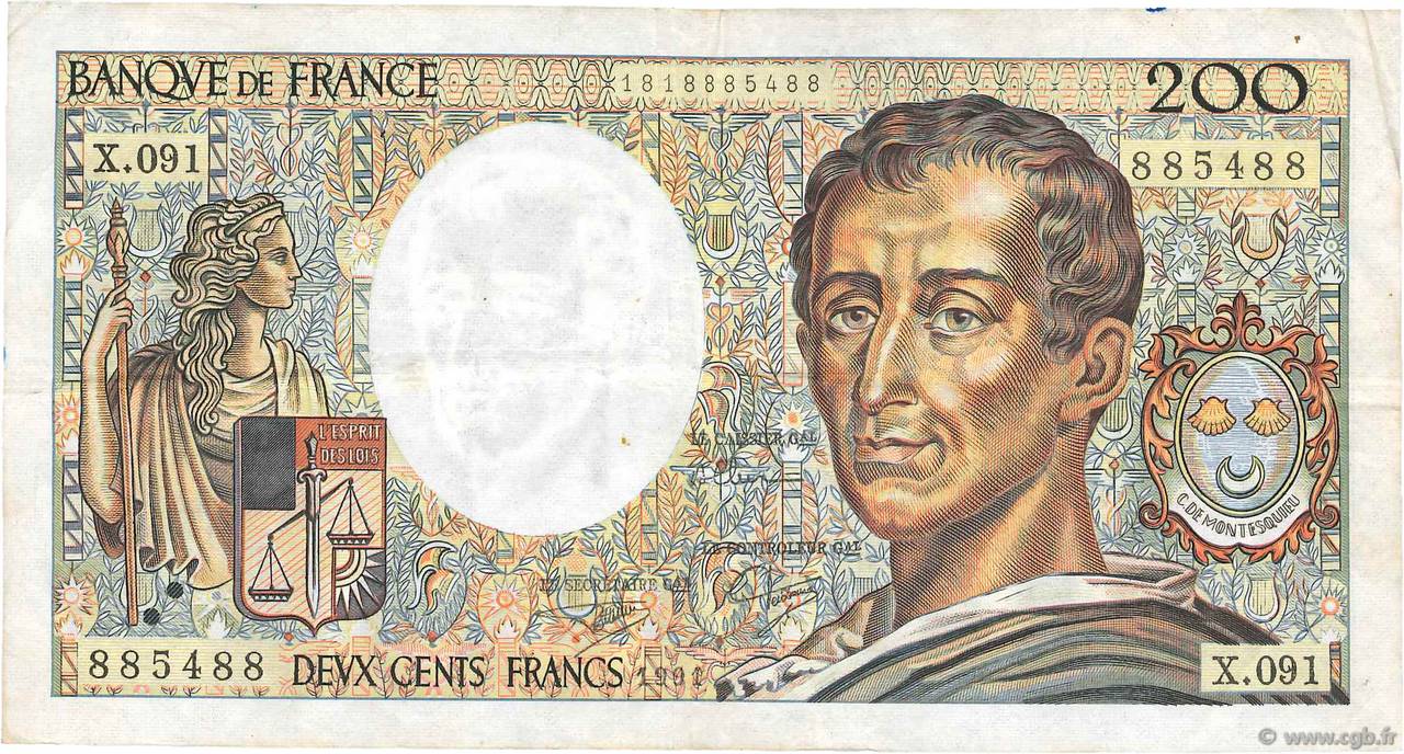 200 Francs MONTESQUIEU FRANCE  1991 F.70.11 F+
