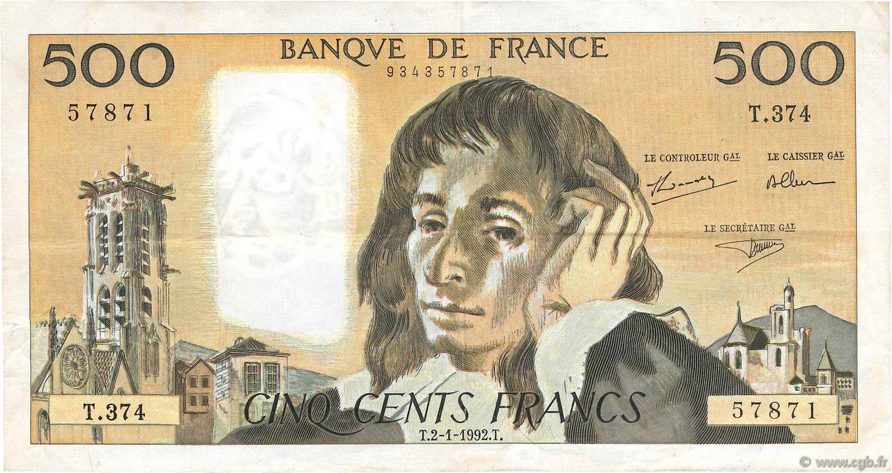 500 Francs PASCAL FRANCE  1992 F.71.49 VF-