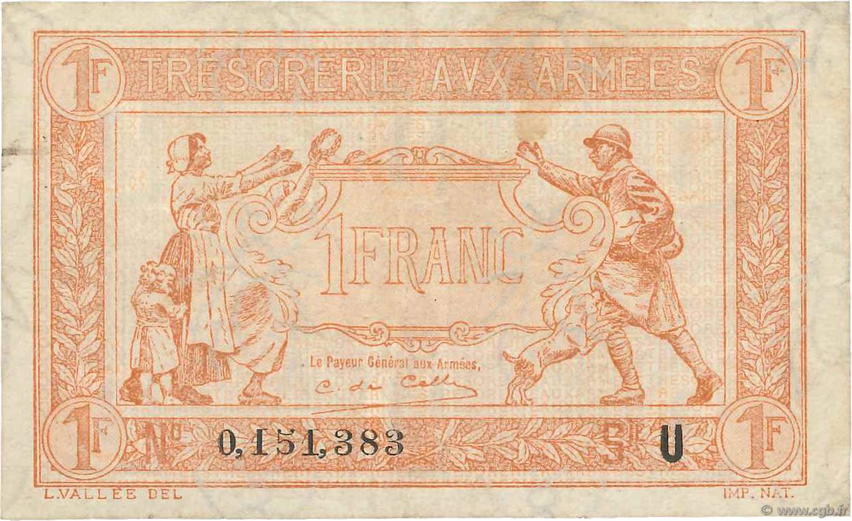 1 Franc TRÉSORERIE AUX ARMÉES 1919 FRANCIA  1919 VF.04.08 BC+
