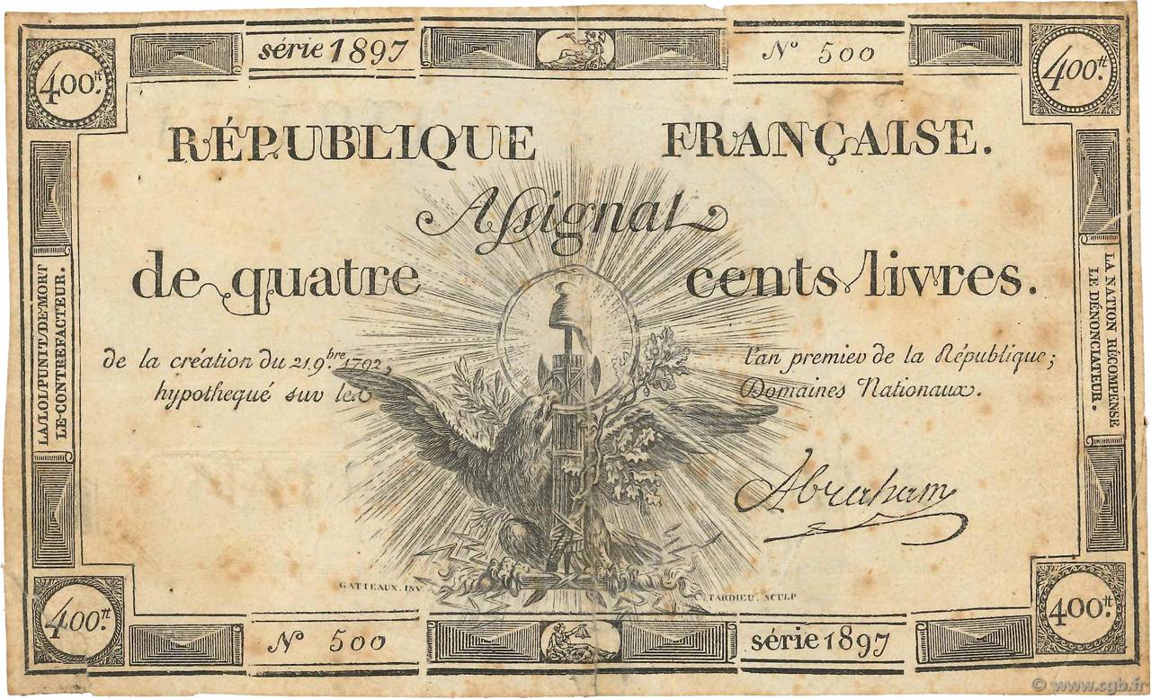 400 Livres FRANKREICH  1792 Ass.38a S