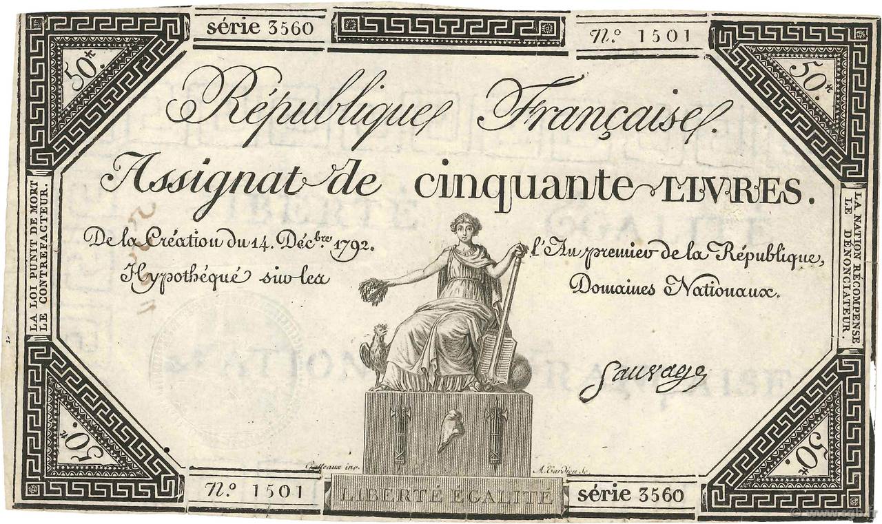 50 Livres FRANKREICH  1792 Ass.39a fSS