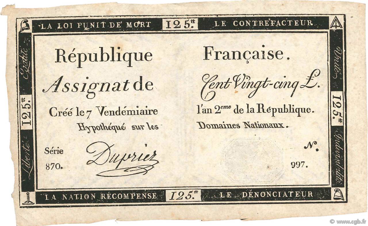 125 Livres FRANCE  1793 Ass.44a VF+
