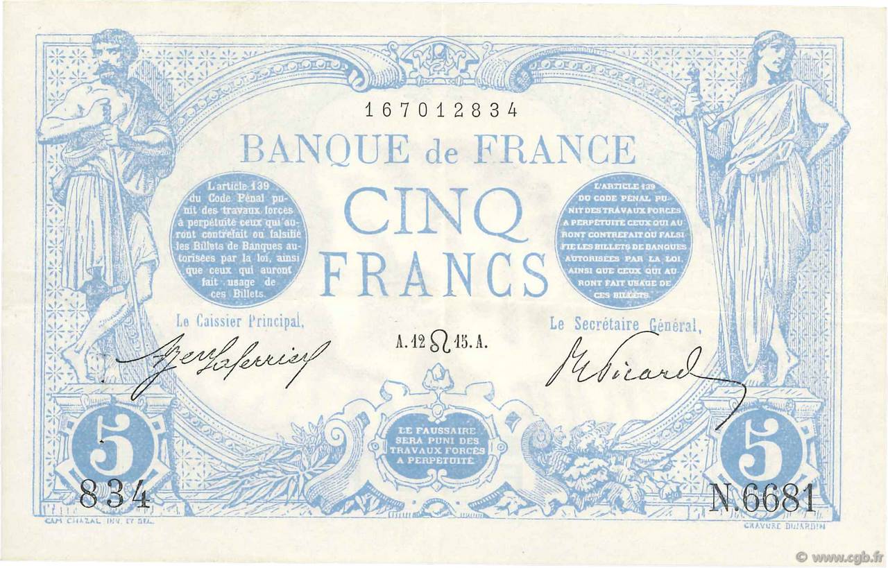 5 Francs BLEU FRANKREICH  1915 F.02.29 fVZ