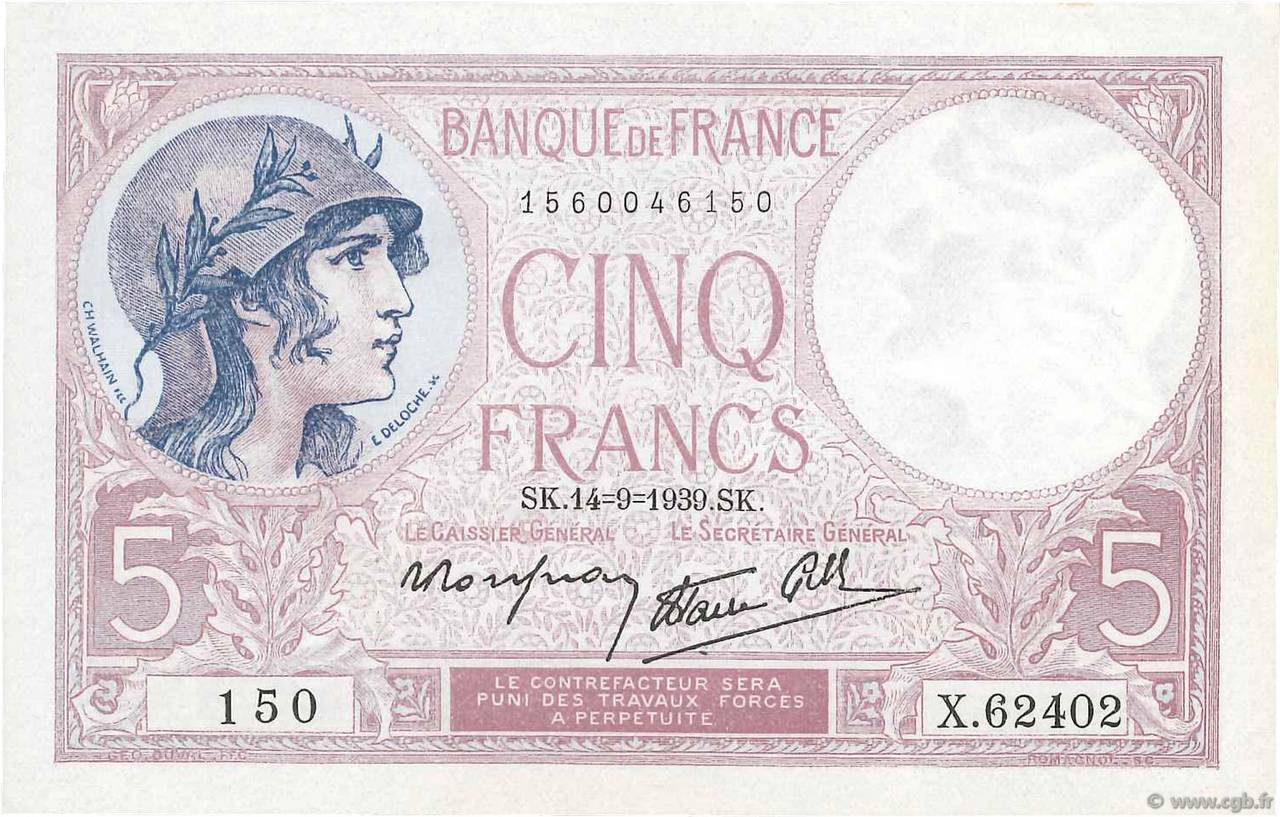 5 Francs FEMME CASQUÉE modifié FRANCE  1939 F.04.08 AU-