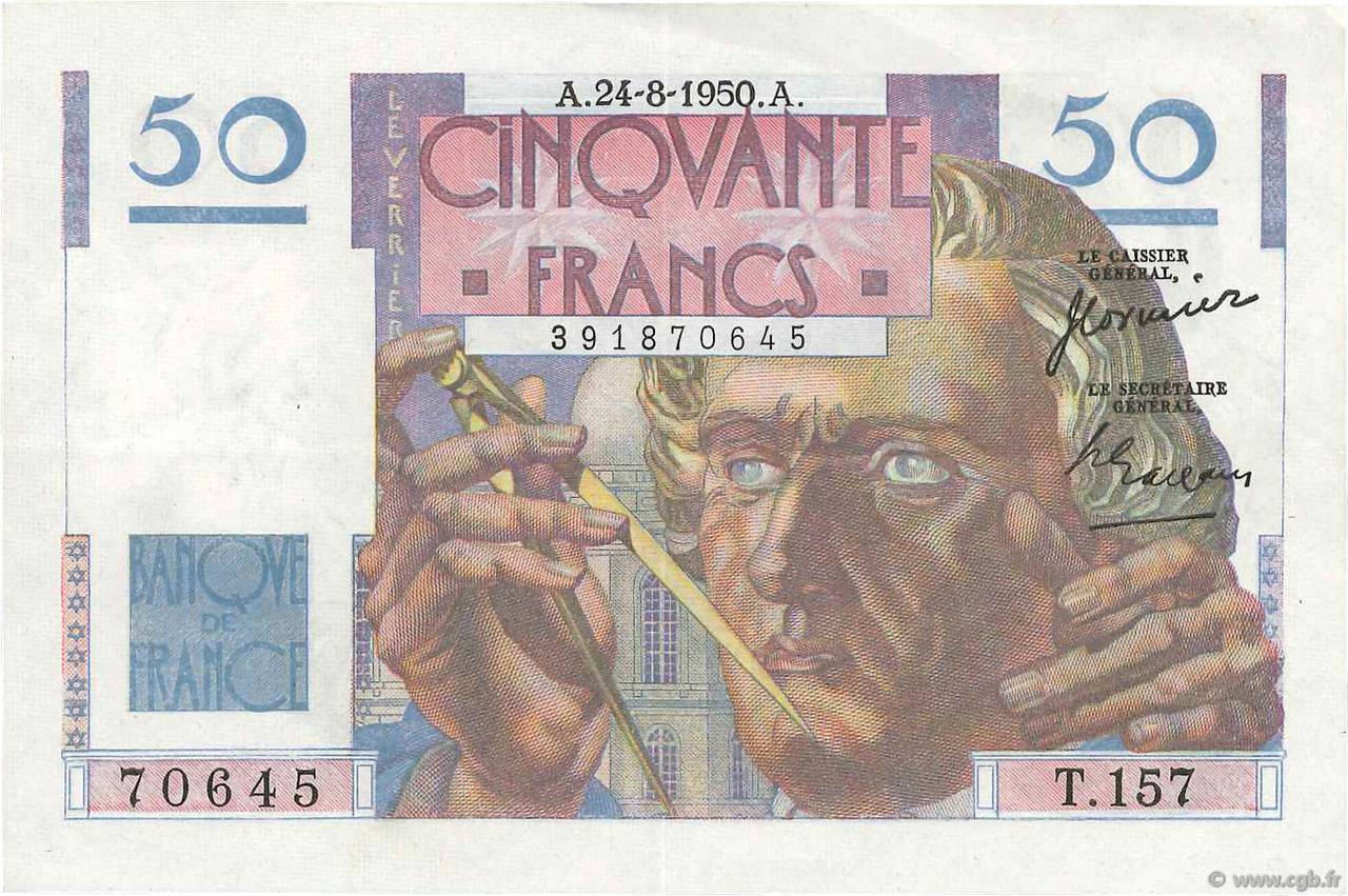 50 Francs LE VERRIER FRANCE  1950 F.20.16 XF-