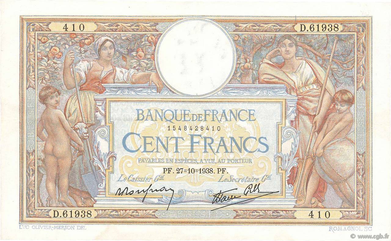 100 Francs LUC OLIVIER MERSON type modifié FRANCIA  1938 F.25.33 q.SPL