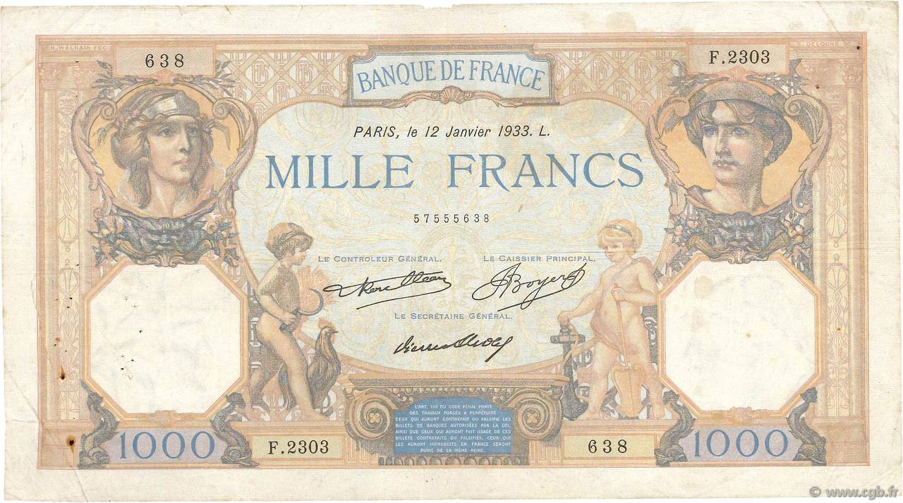 1000 Francs CÉRÈS ET MERCURE FRANCE  1933 F.37.08 F-