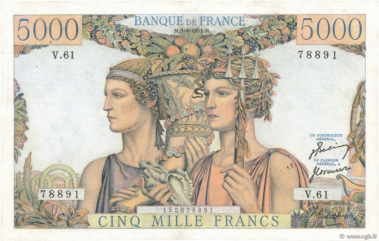 5000 Francs TERRE ET MER FRANCE  1951 F.48.04 VF