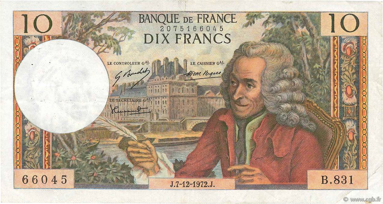 10 Francs VOLTAIRE FRANCE  1972 F.62.59 VF