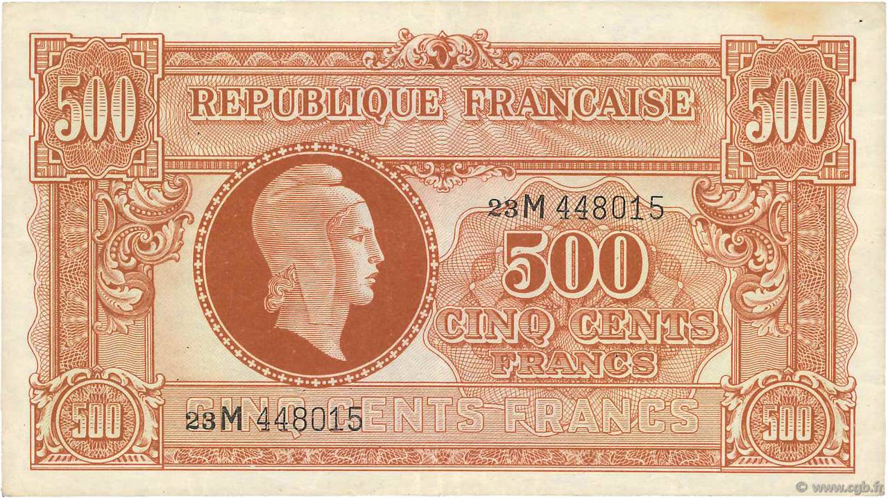 500 Francs MARIANNE fabrication anglaise FRANKREICH  1945 VF.11.02 fSS