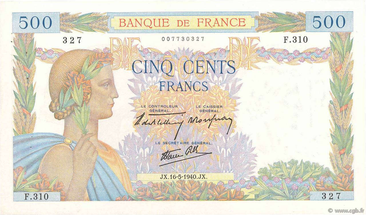 500 Francs LA PAIX FRANCE  1940 F.32.02 pr.SUP