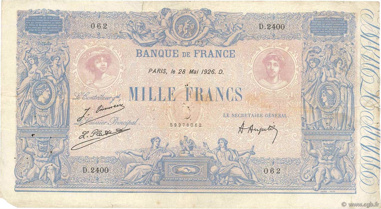 1000 Francs BLEU ET ROSE FRANCE  1926 F.36.42 VG