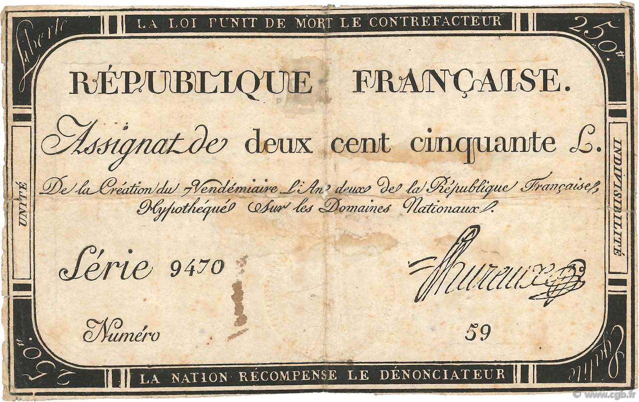 250 Livres FRANCIA  1793 Ass.45a B