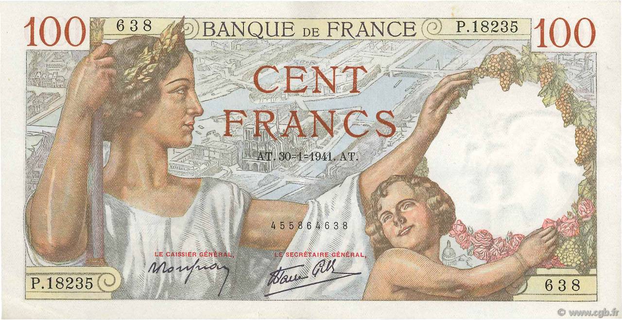 100 Francs SULLY FRANCE  1941 F.26.45 SUP+