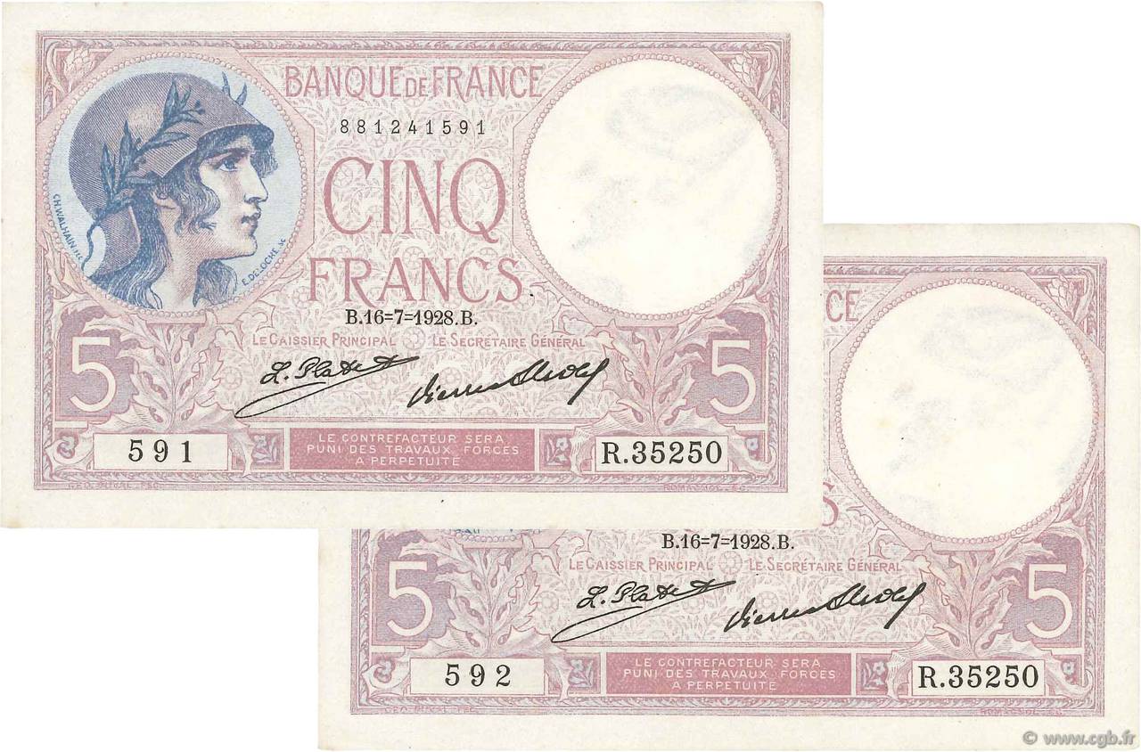 5 Francs FEMME CASQUÉE Consécutifs FRANKREICH  1928 F.03.12 VZ+
