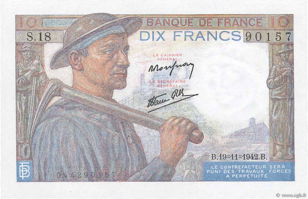 10 Francs MINEUR FRANCE  1942 F.08.05 pr.NEUF