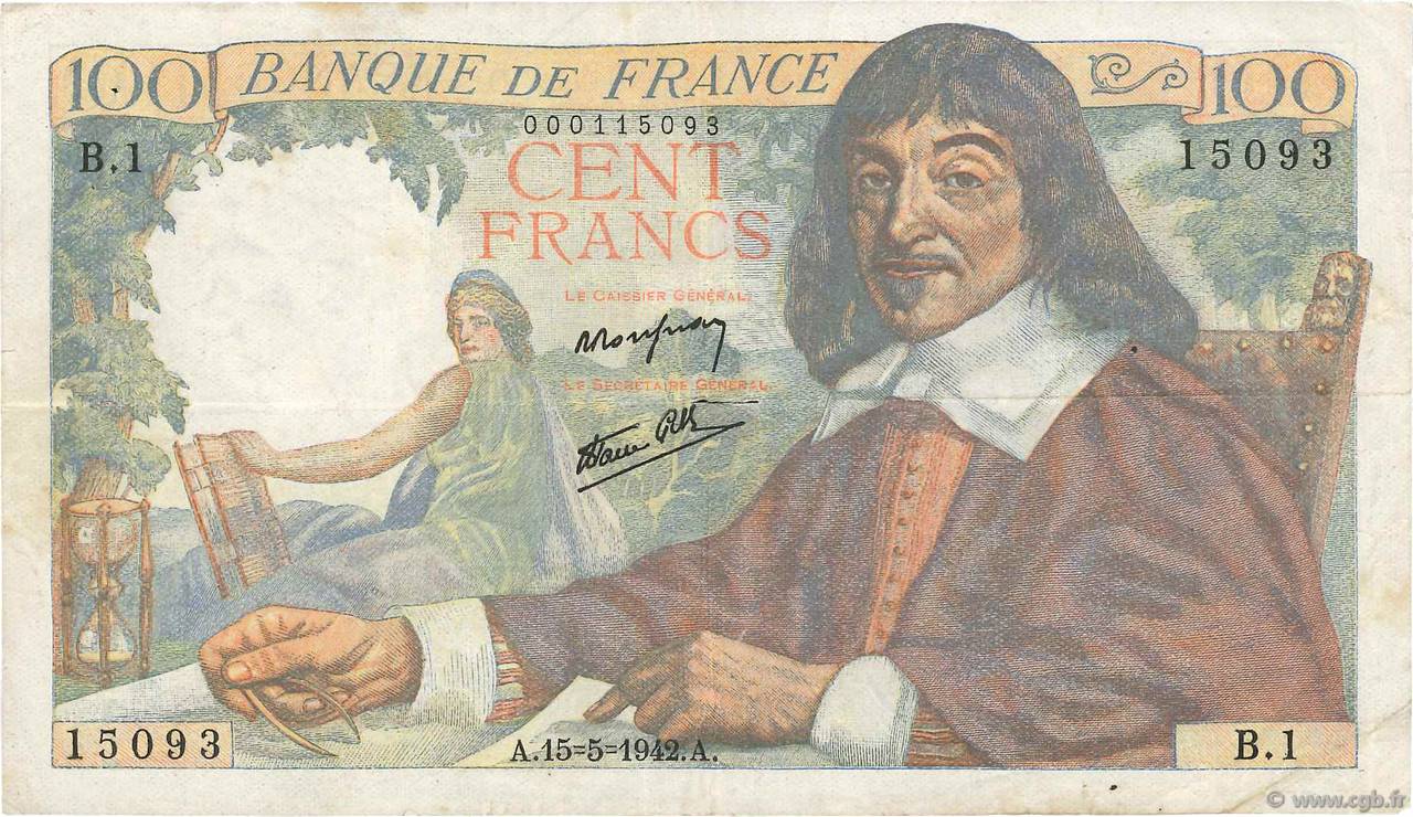 100 Francs DESCARTES FRANCE  1942 F.27.01 TB+