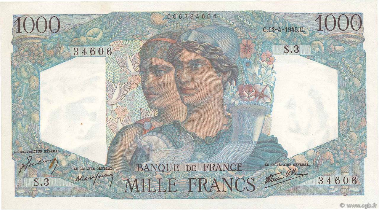 1000 Francs MINERVE ET HERCULE FRANCE  1945 F.41.01 SUP