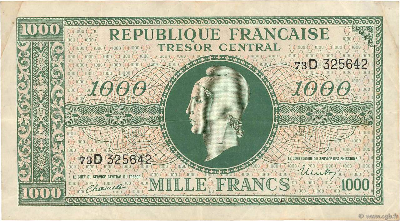 1000 Francs MARIANNE THOMAS DE LA RUE FRANCE  1945 VF.13.01 pr.TTB