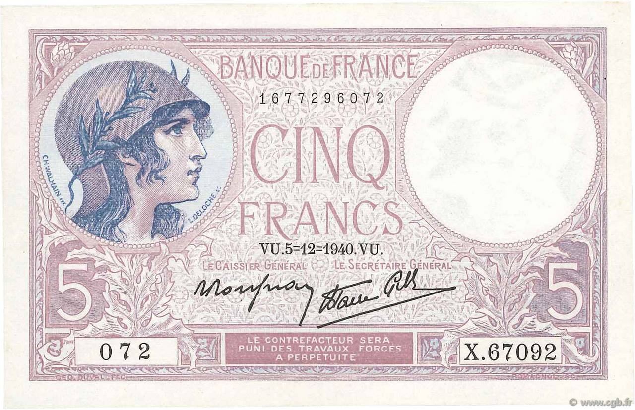 5 Francs FEMME CASQUÉE modifié FRANKREICH  1940 F.04.16 VZ
