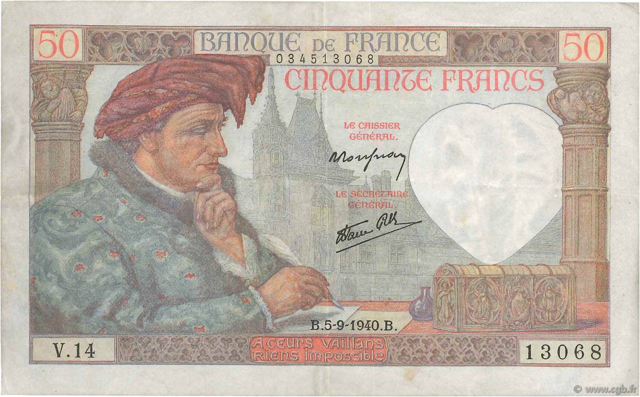 50 Francs JACQUES CŒUR FRANCE  1940 F.19.02 TTB