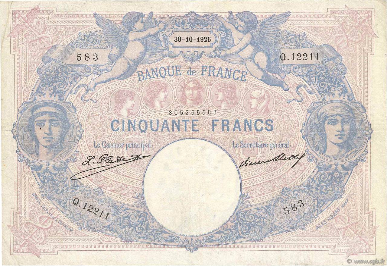 50 Francs BLEU ET ROSE FRANCE  1926 F.14.39 TB+