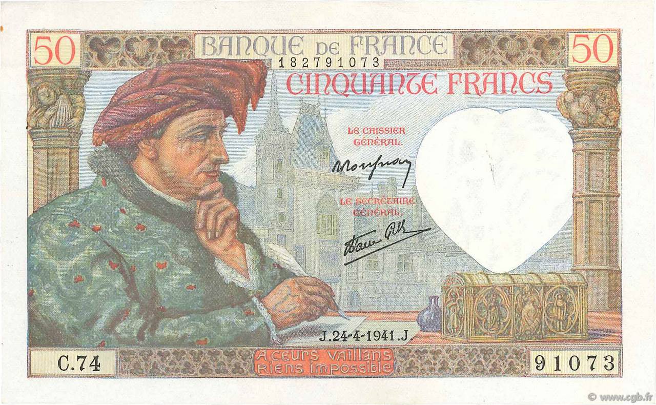 50 Francs JACQUES CŒUR FRANCE  1941 F.19.09 SPL