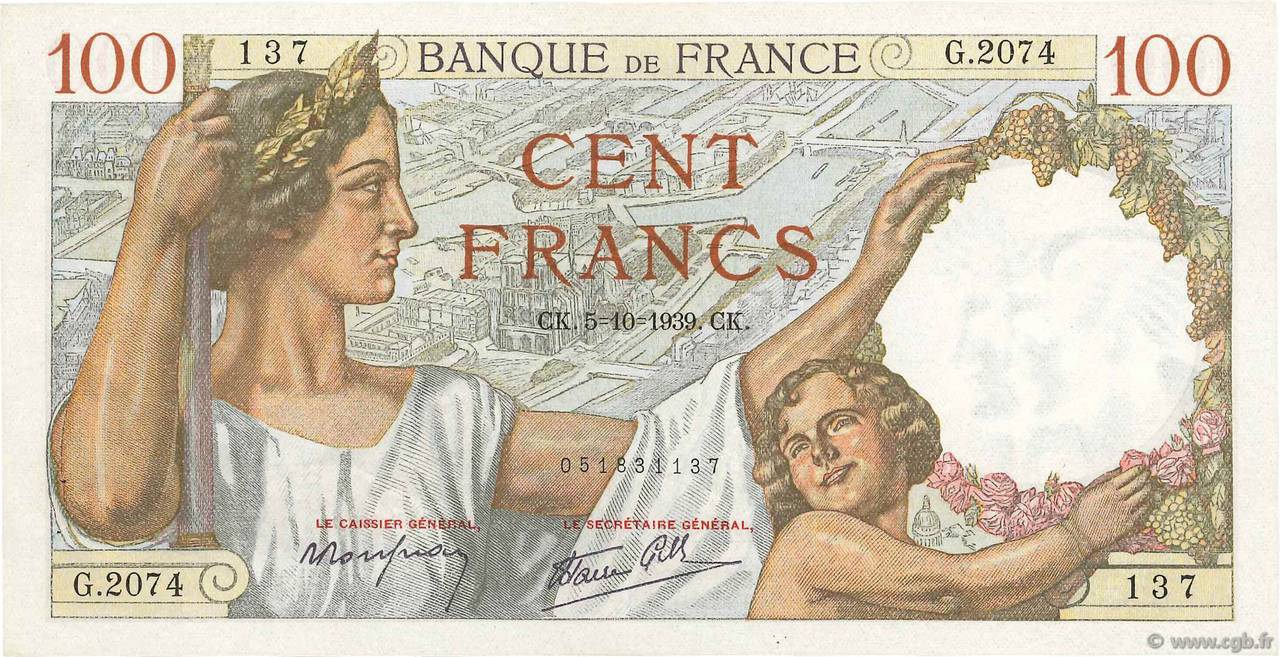 100 Francs SULLY FRANCE  1939 F.26.09 AU