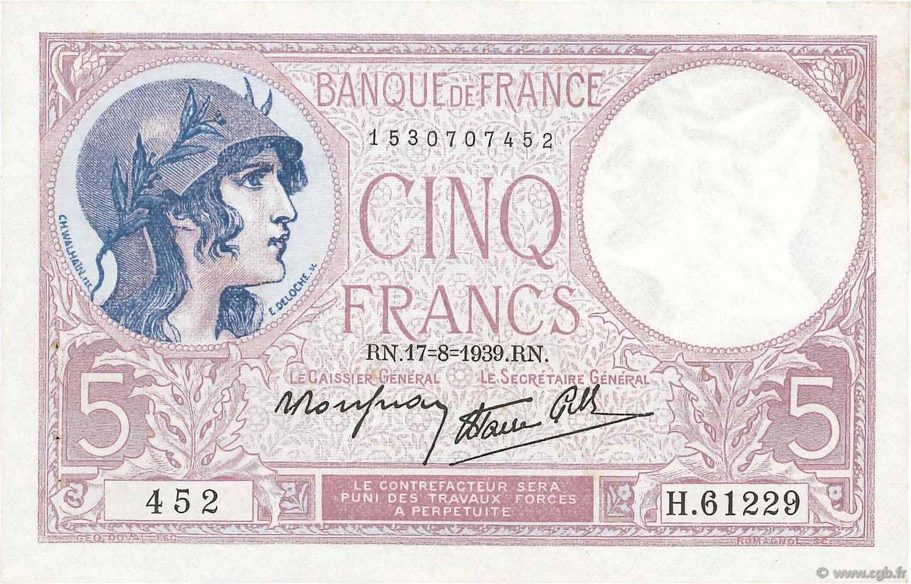 5 Francs FEMME CASQUÉE modifié FRANCE  1939 F.04.06 SUP+