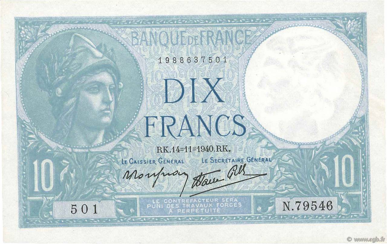 10 Francs MINERVE modifié FRANCE  1940 F.07.20 SUP+